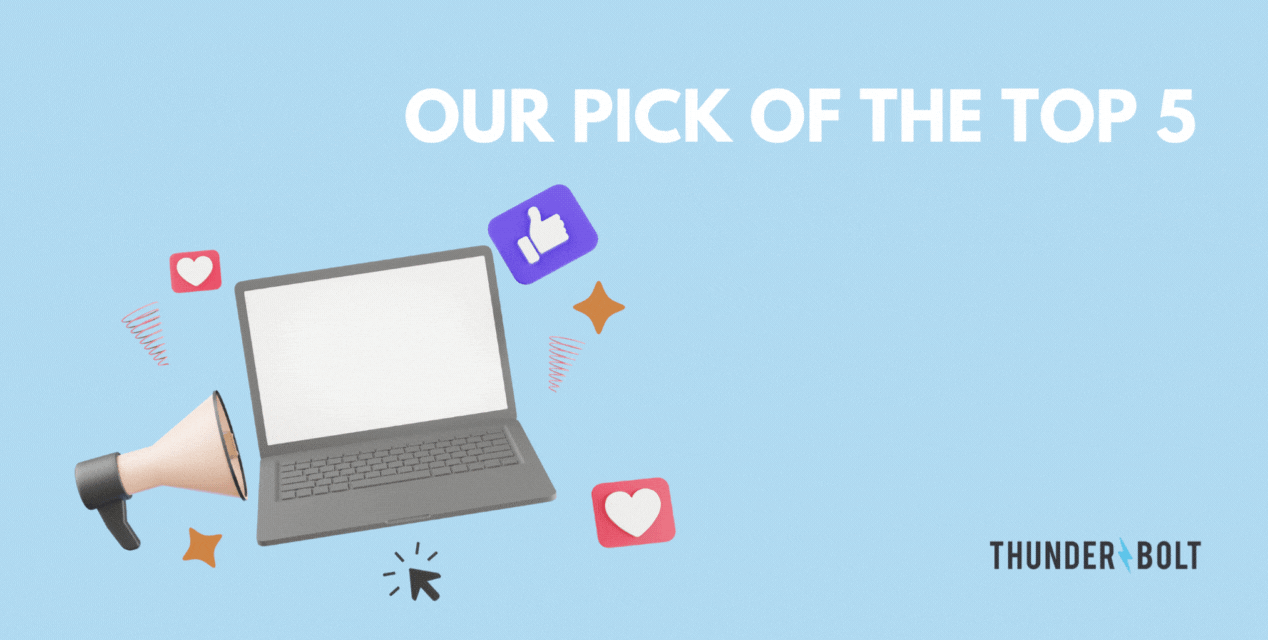 A cartoon of a laptop surrounded by social interaction icons with the heading "Our pick of the top 5 paid social agencies in Surrey"