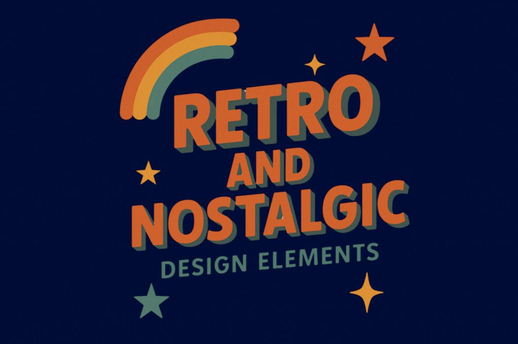 A dark blue background with retro graphics and font that says "Retro and nostalgic design elements", which relates to Surrey web design.