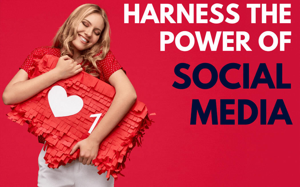 An image of a woman hugging a piñata in the shape of like notification, alongside the title "Harness the power of social media remarketing"