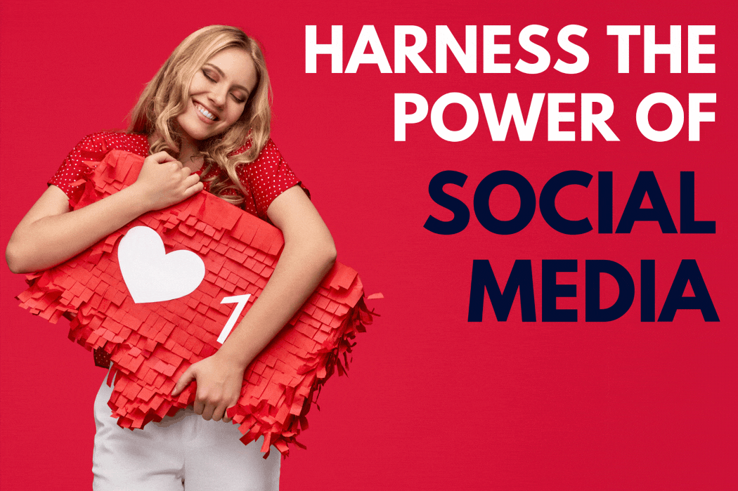 An image of a woman hugging a piñata in the shape of like notification, alongside the title "Harness the power of social media remarketing"