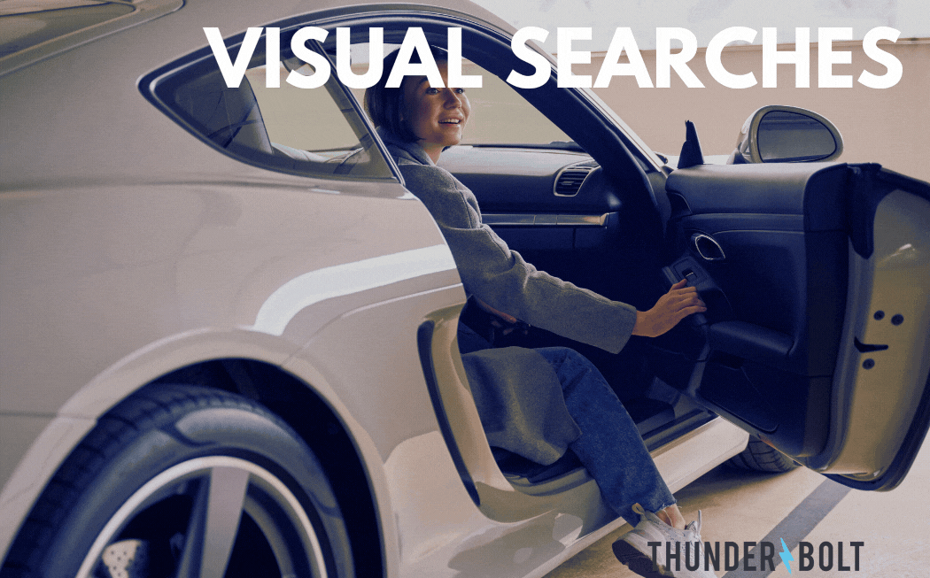 An image of a woman about to get out of a car, alongside the title "Visual Searches Help Find Products Faster" | Online Marketing Guildford