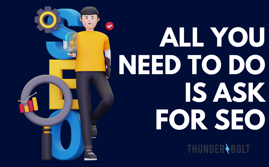 A cartoon of a man leaning on letters that say SEO, next to a title relating to voice search