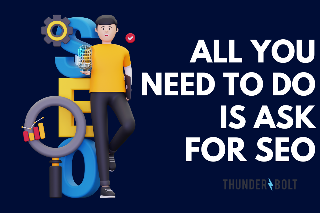 A cartoon of a man leaning on letters that say SEO, next to a title relating to voice search