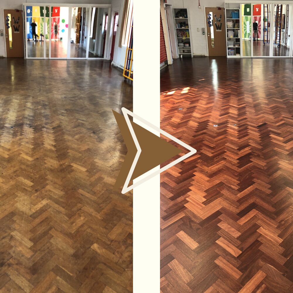 Before and after of a commercial wooden floor restoration